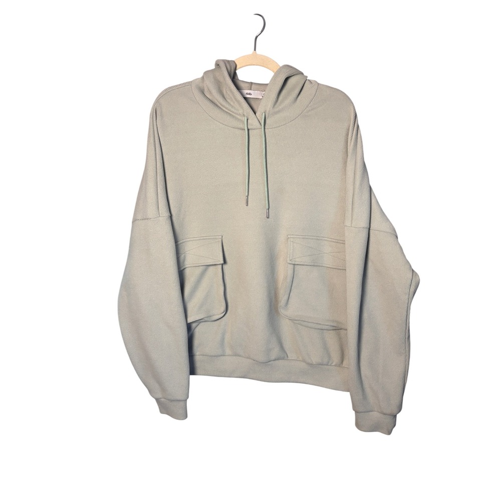Adika Womens Hoodie M Sage Green Ribbed Utility Cargo Pocket Gorpcore Relaxed